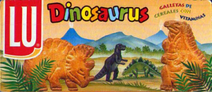 Antigua caja de galletas Dinosaurus de la marca LU